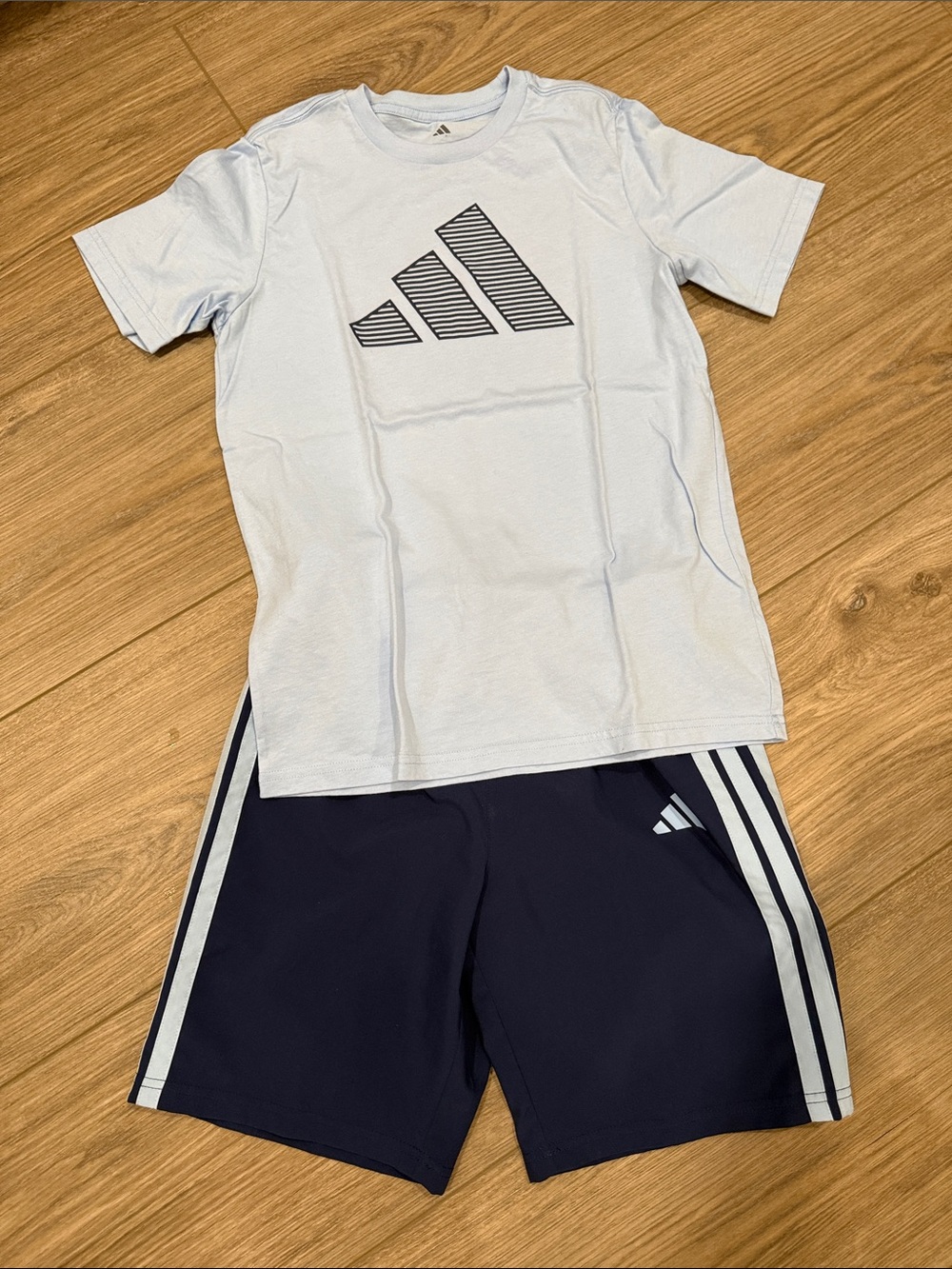 adidas (Never Worn) Light Blue Graphic Tee with Navy Athletic Shorts